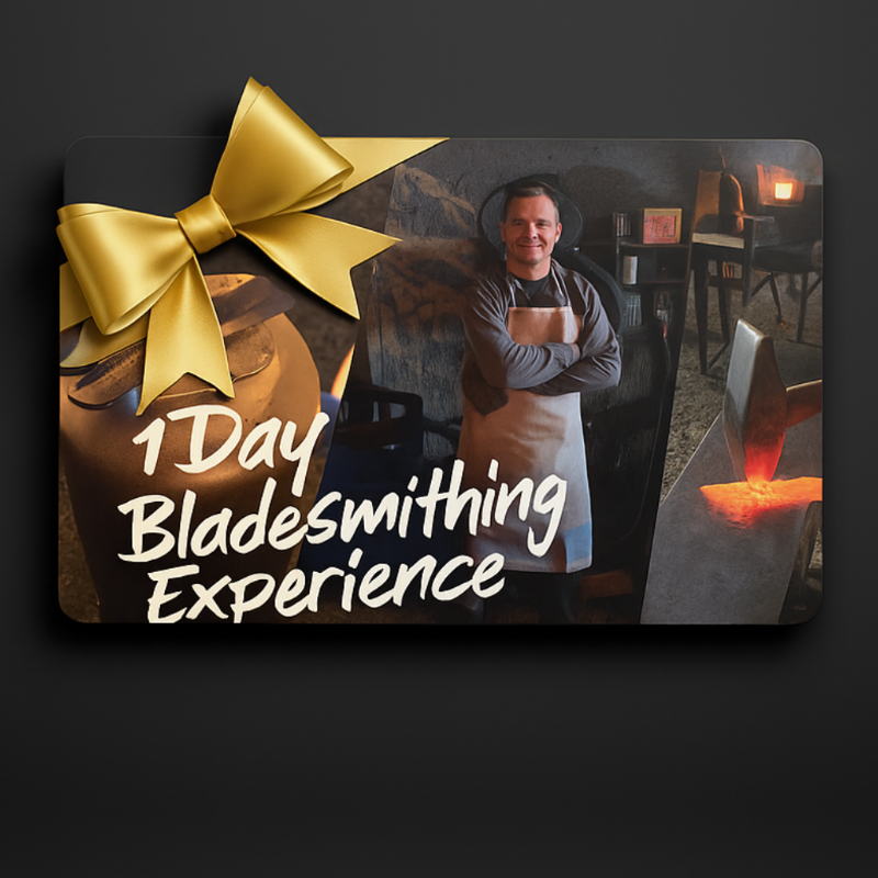 Promotional card for a '1 Day Bladesmithing Experience' with a gold bow on a dark background.