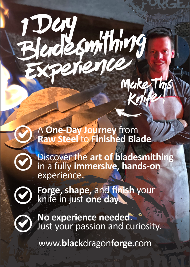 1-day bladesmithing experience with a person holding a knife and text about the workshop.