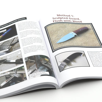 Open book with knife-making instructions on a white background
