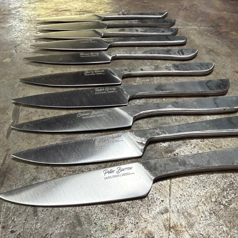 Set of knives made by students during the Black Dragon Forge Bladesmithing Experience 