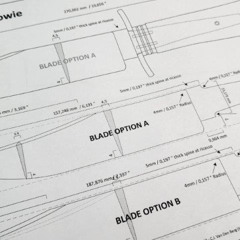 A 4-page PDF document titled 'Coffin Handle Bowie' with detailed knife design plans and specifications.