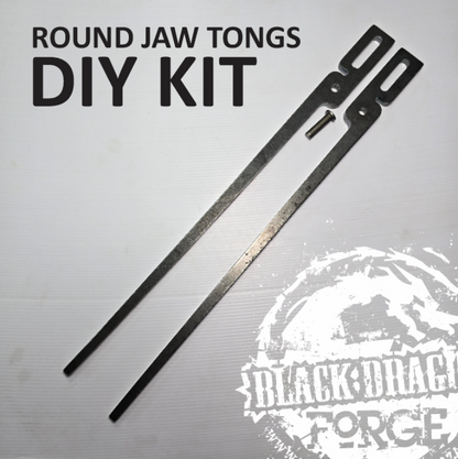 Round jaw tongs DIY kit with tools on a gray background, featuring the Black Dragon Forge logo.