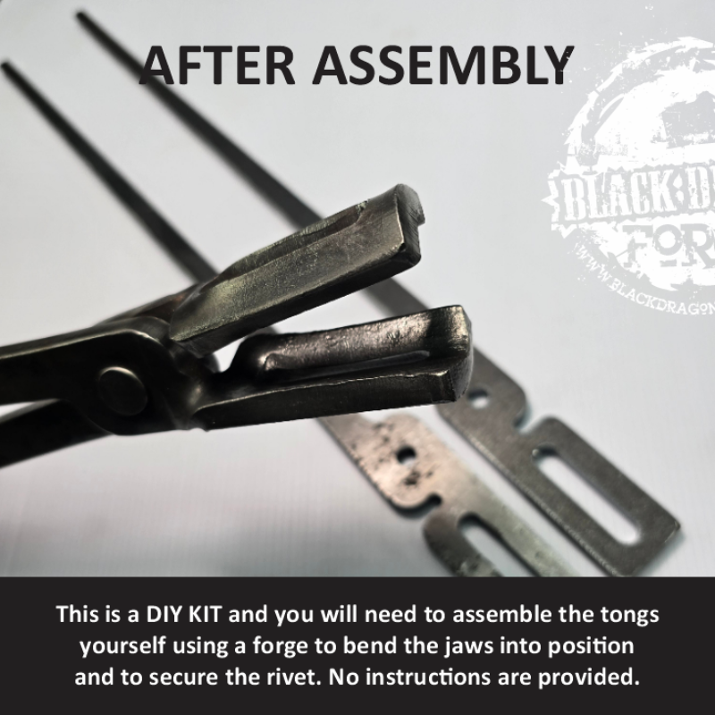 Metal tongs with text indicating DIY assembly and Black Dragon Forge branding.