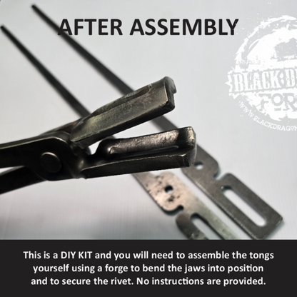 Metal tongs with text indicating DIY assembly and Black Dragon Forge branding.