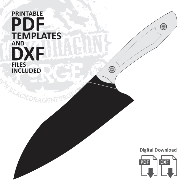 Western Santoku knife silhouette with text about printable PDF templates and DXF files on a white background.