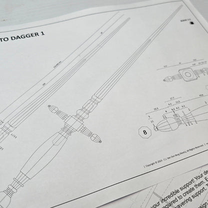 A PDF document containing the detailed design specifications for a Stiletto Dagger, with measurements and diagrams illustrated on the pages.