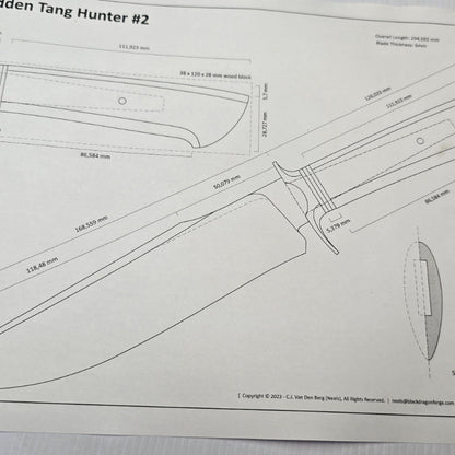 A digital PDF file showing the design specifications for the Hidden Tang Hunter #2 knife, including dimensions and blade features.