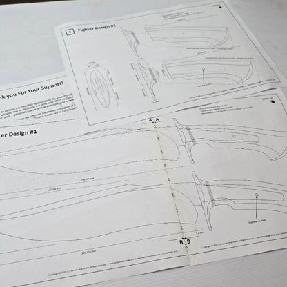 A digital PDF file containing the detailed design specifications for a 15-inch Fighter Design #1 knife, with measurements in millimeters, displayed on a white background.